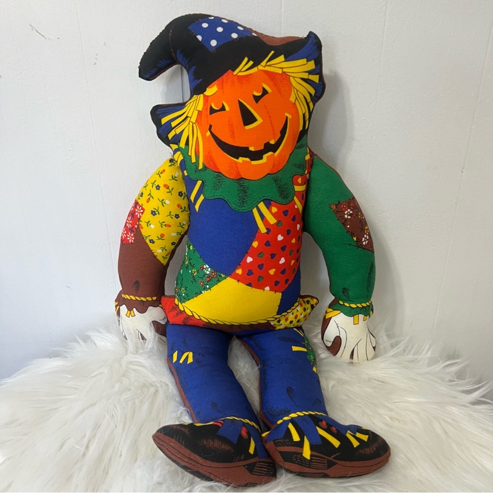 Vintage 80’s 90’s Colorful Patchwork Halloween Fall Retro Scarecrow Plush